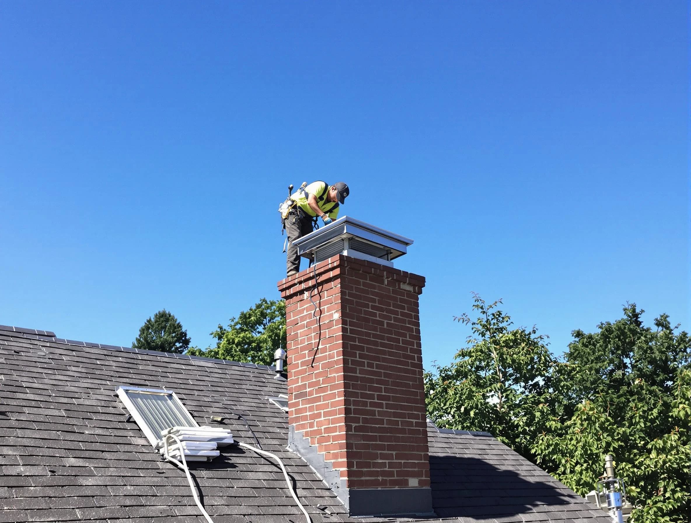 Lakewood Chimney Sweep technician measuring a chimney cap in Lakewood, NJ