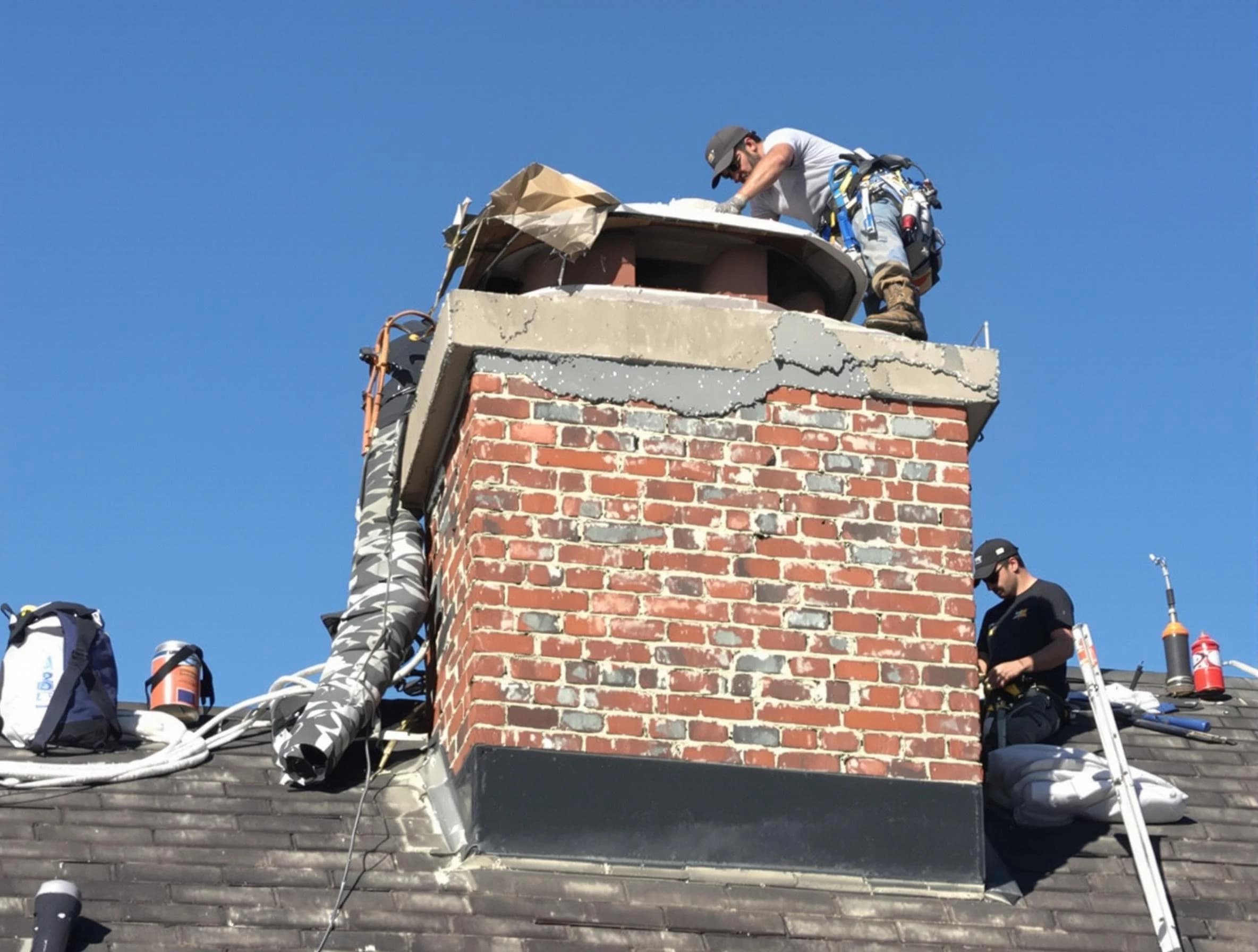 Lakewood Chimney Sweep installing a custom chimney crown in Lakewood, NJ