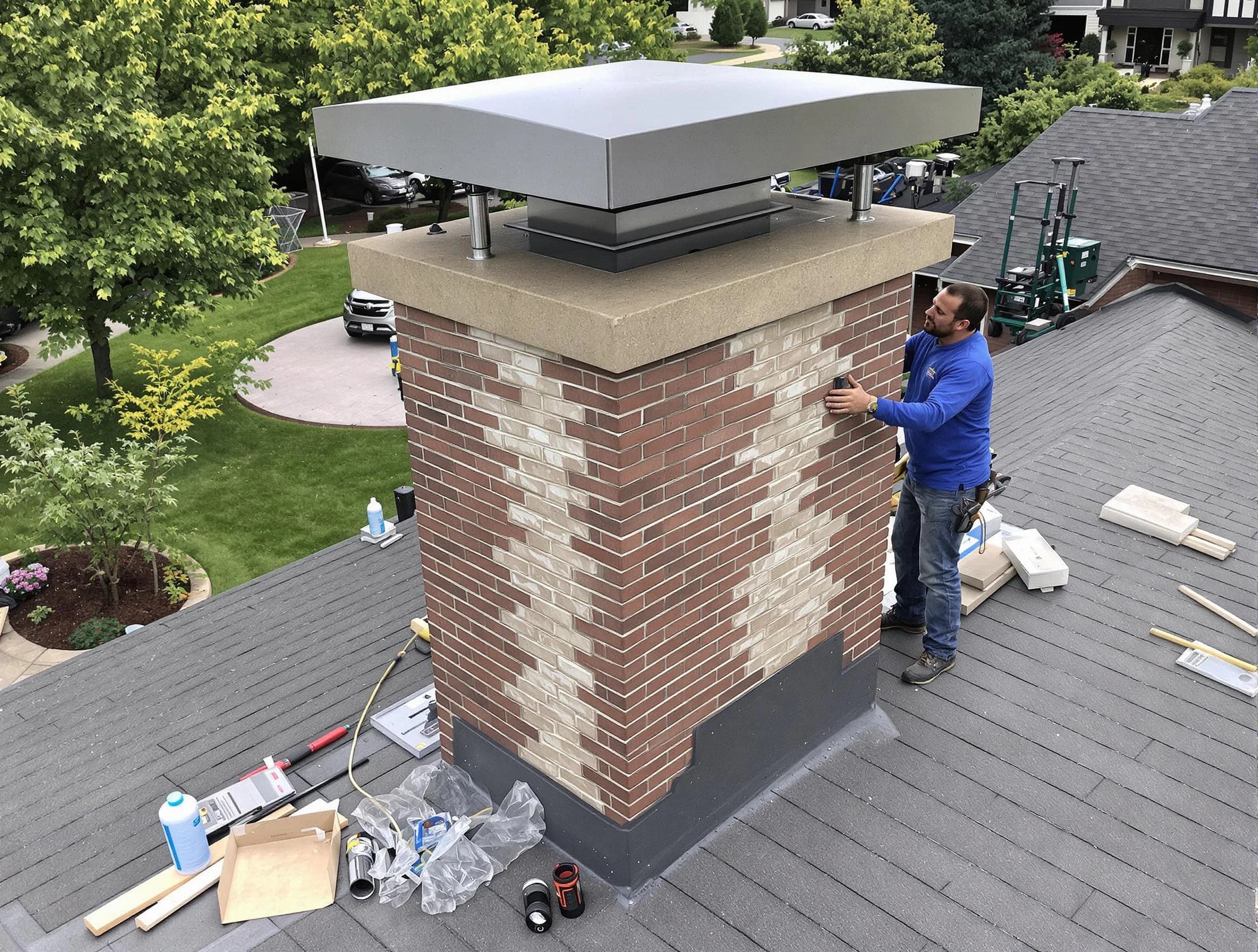 Lakewood Chimney Sweep team working on a custom chimney remodel in Lakewood, NJ